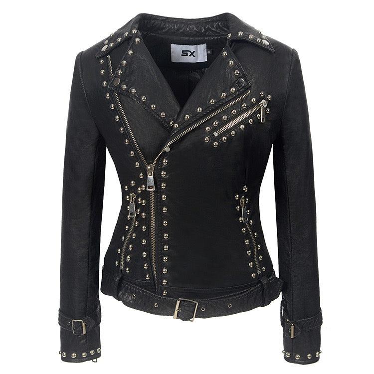 Women's Lapel Zipper Leather Jacket with Punk Studs