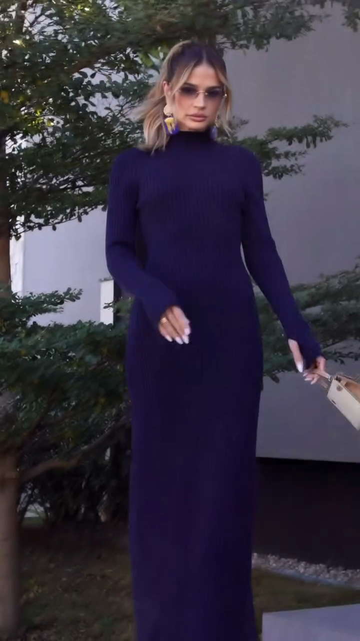 Navy Blue High - neck Ribbed Maxi Dress