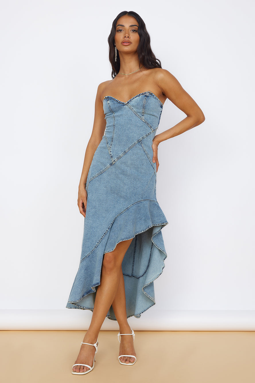 Light Blue Denim Strapless Midi Dress
