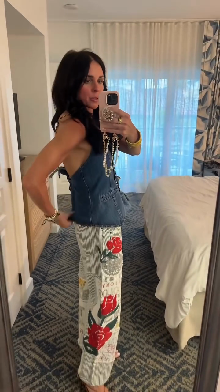 Patterned Denim Vest Wide-Leg Set