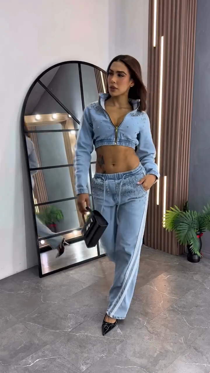 Embellished Denim Crop Jacket and Jogger Set