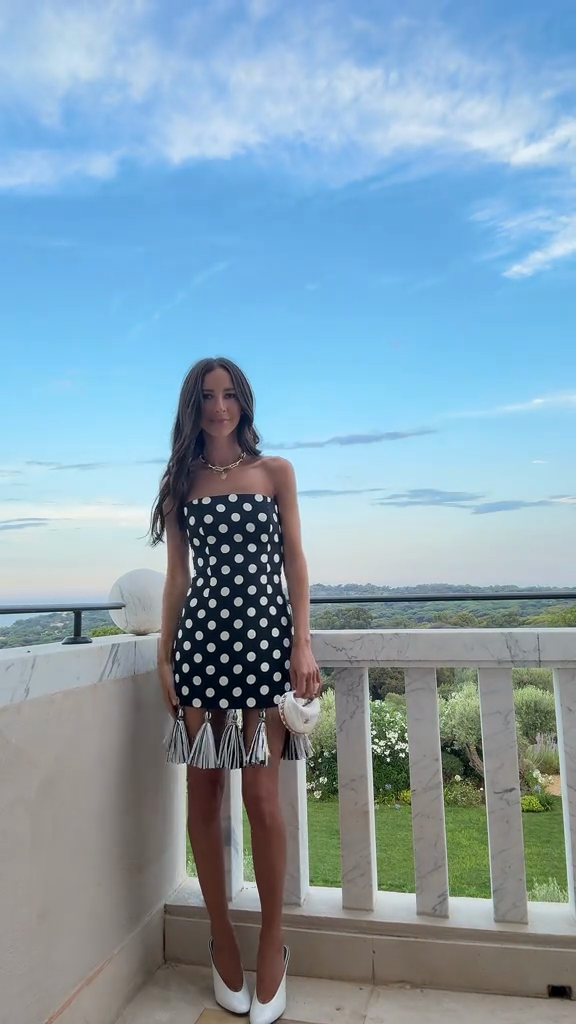 Black and White Polka Dot Strapless Mini Dress with Tassels