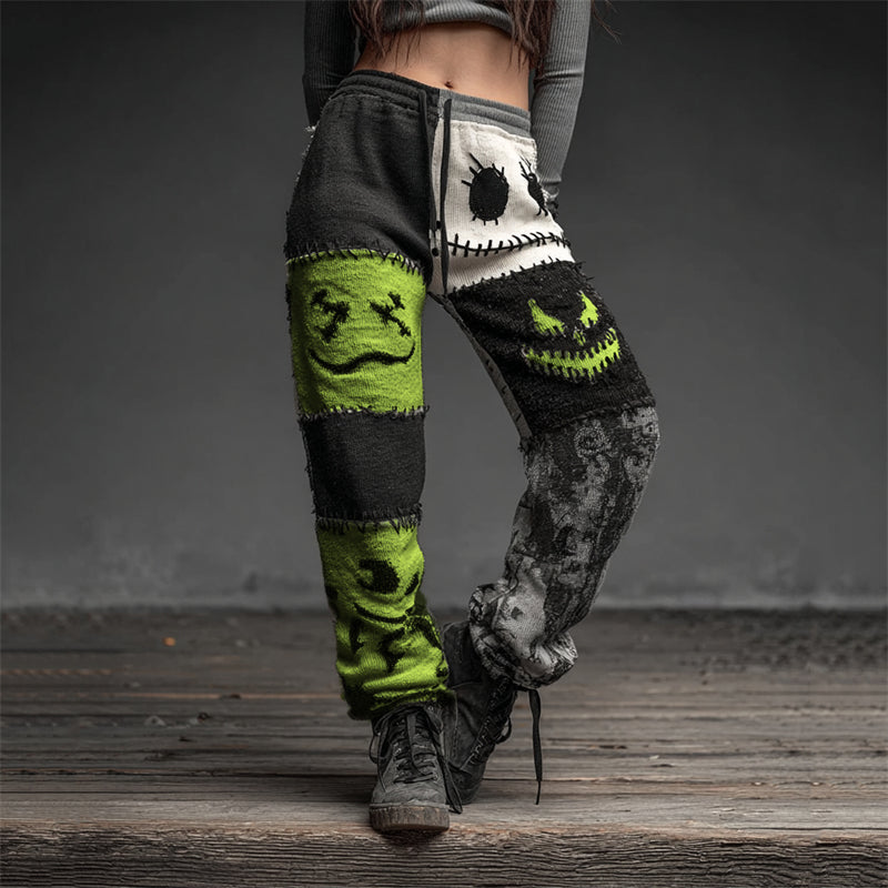 Halloween Spooky Faces Contrast Patchwork Sweatpants