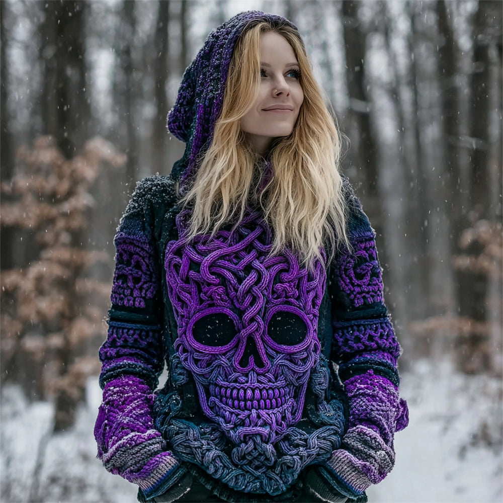 Viking Skull Pattern Women's Chunky Knit Hooded Sweater
