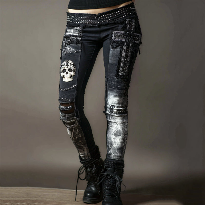 Rock Skull Cross Studded Patchwork Washed Comfy Leggings