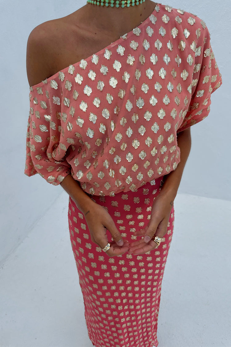Pink and Gold Dot One - Shoulder Midi Dress