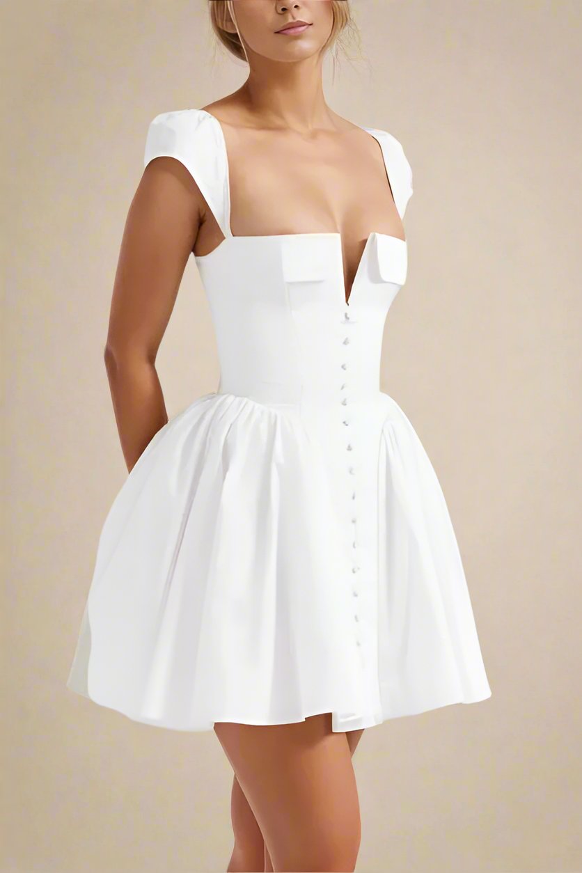 White Square - neck Mini Dress with Button - front Detail