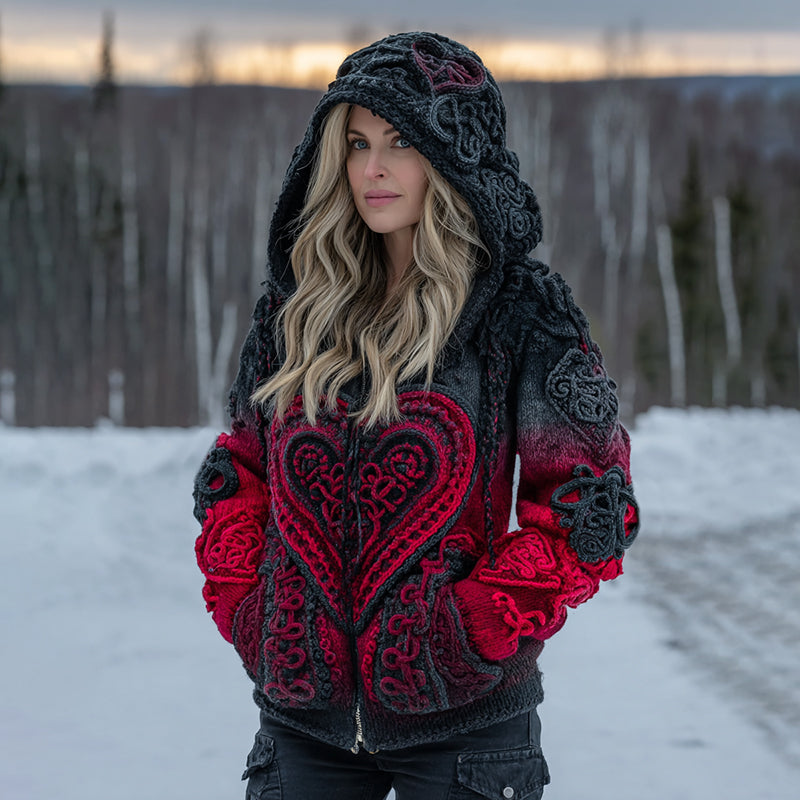 Women's Vintage Heart Art Cozy Knit Zip Up Hooded Sweater