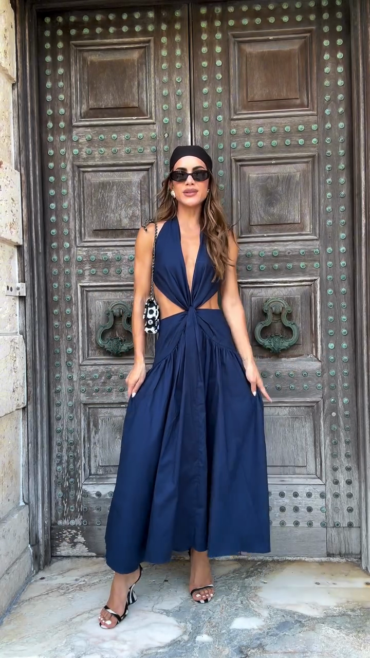 Navy Blue Halter - neck Cut - out Midi Dress
