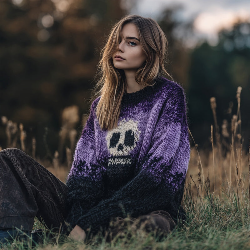 Halloween Skull Pattern Purple Gradient Cozy Knit Sweater