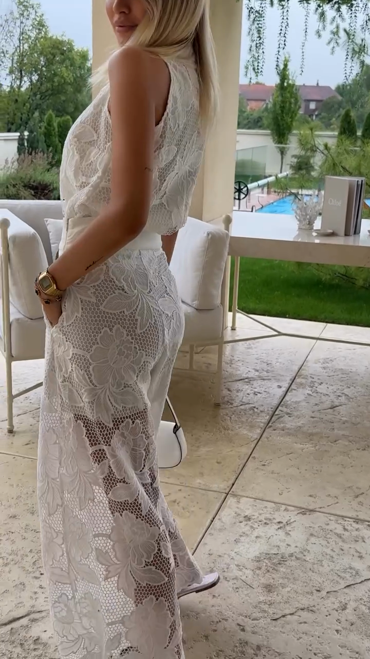 White Lace Halter Top and Wide - leg Pants Set