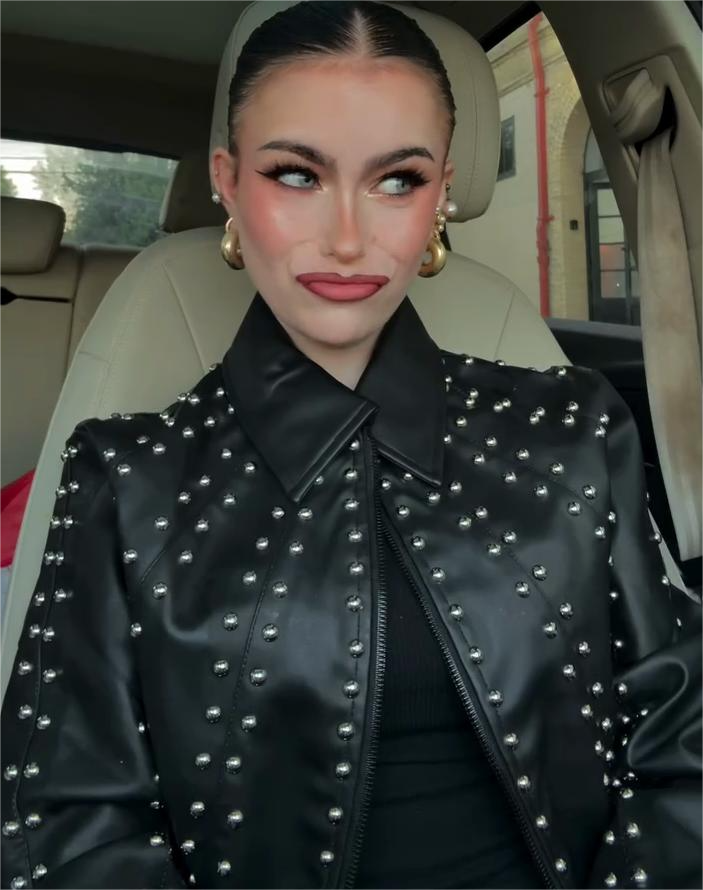 Black Studded Faux Leather Jacket with Collar