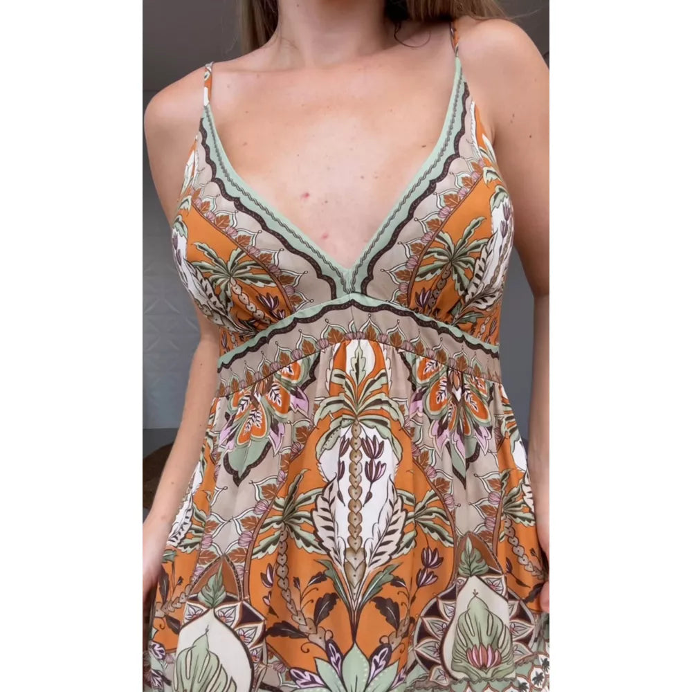 Printed Boho V - Neck Mini Dress