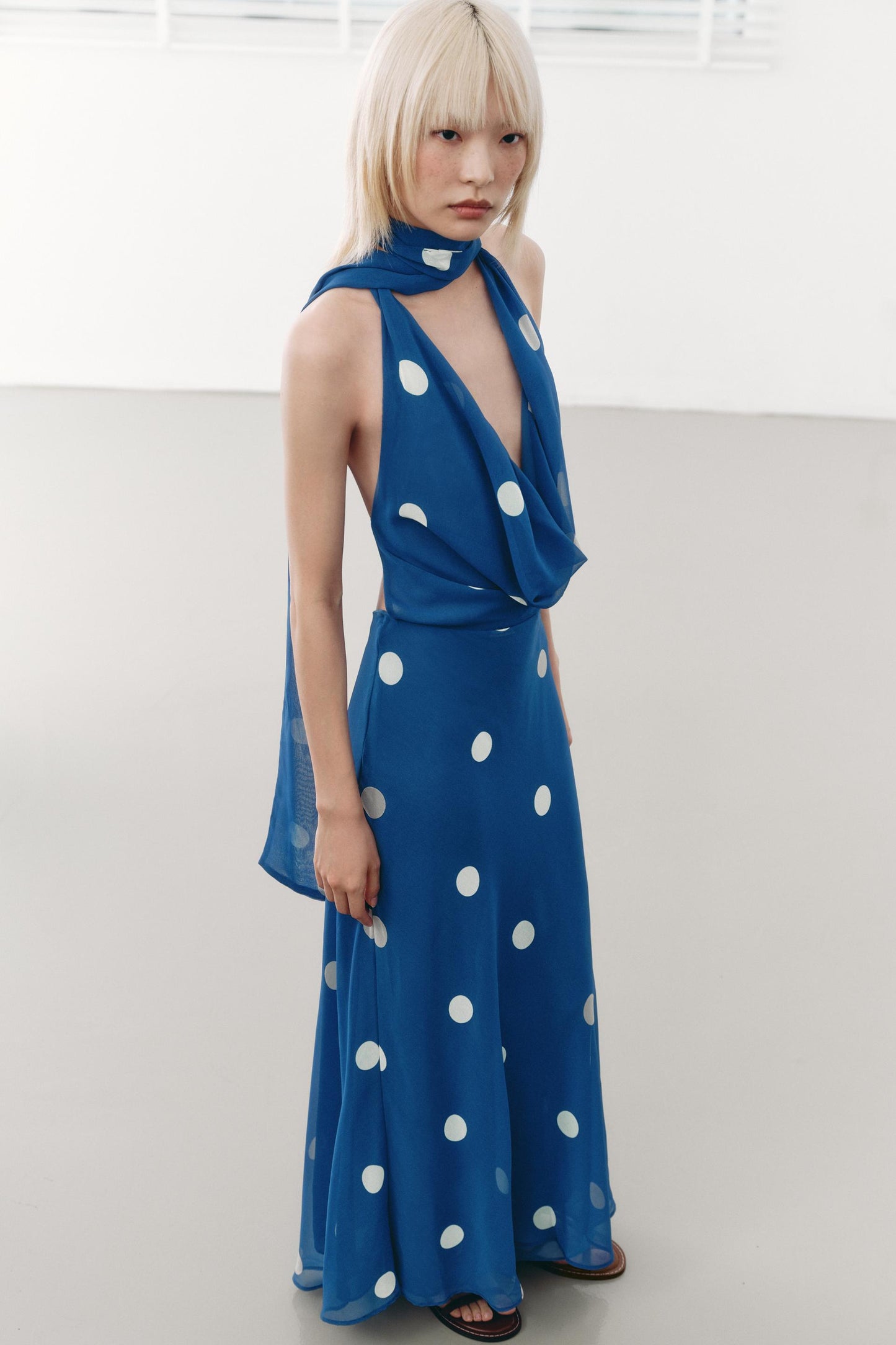 Blue Polka Dot Halter Maxi Dress