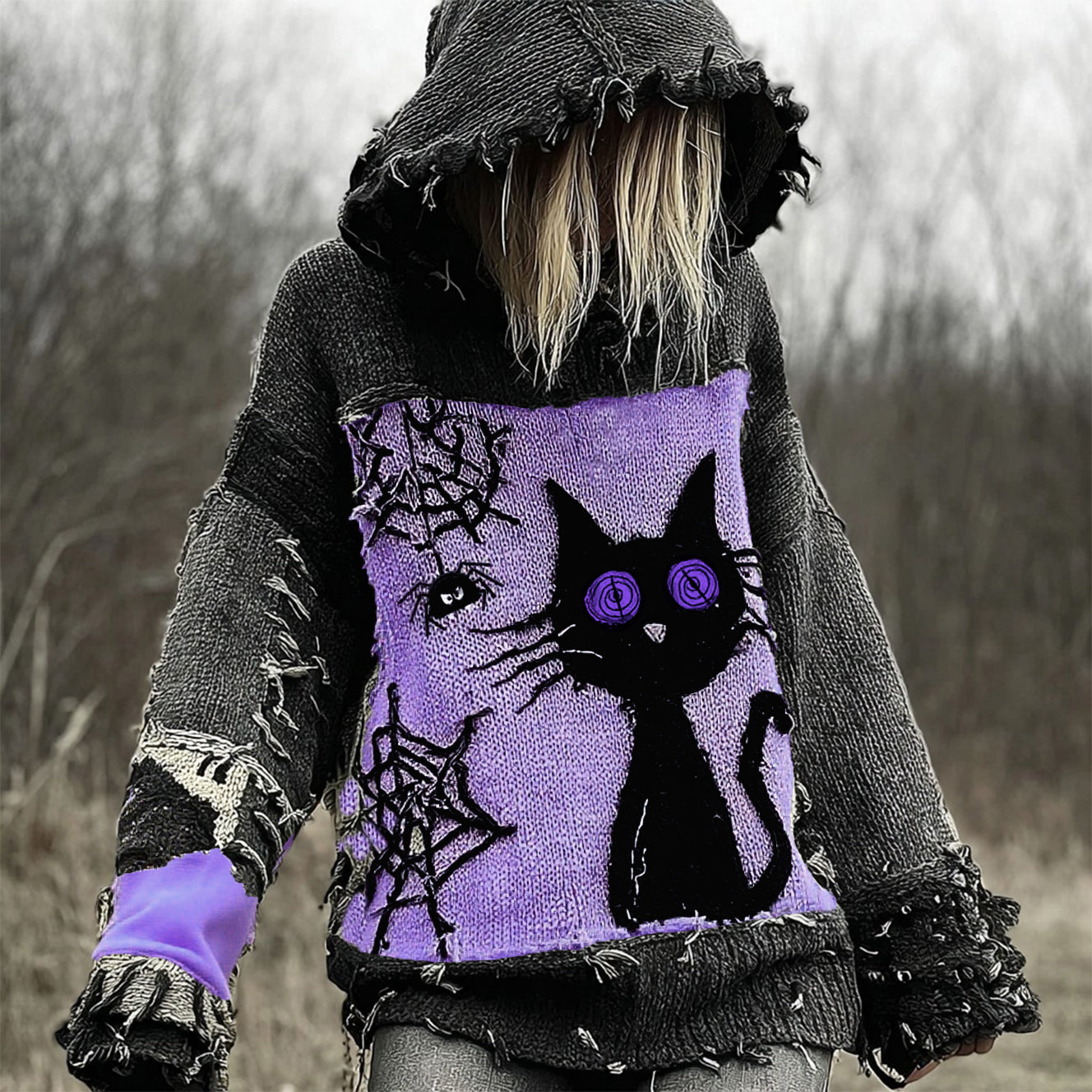 Halloween Scared Black Cat Patchwork Stitched Cozy Knit Hooded