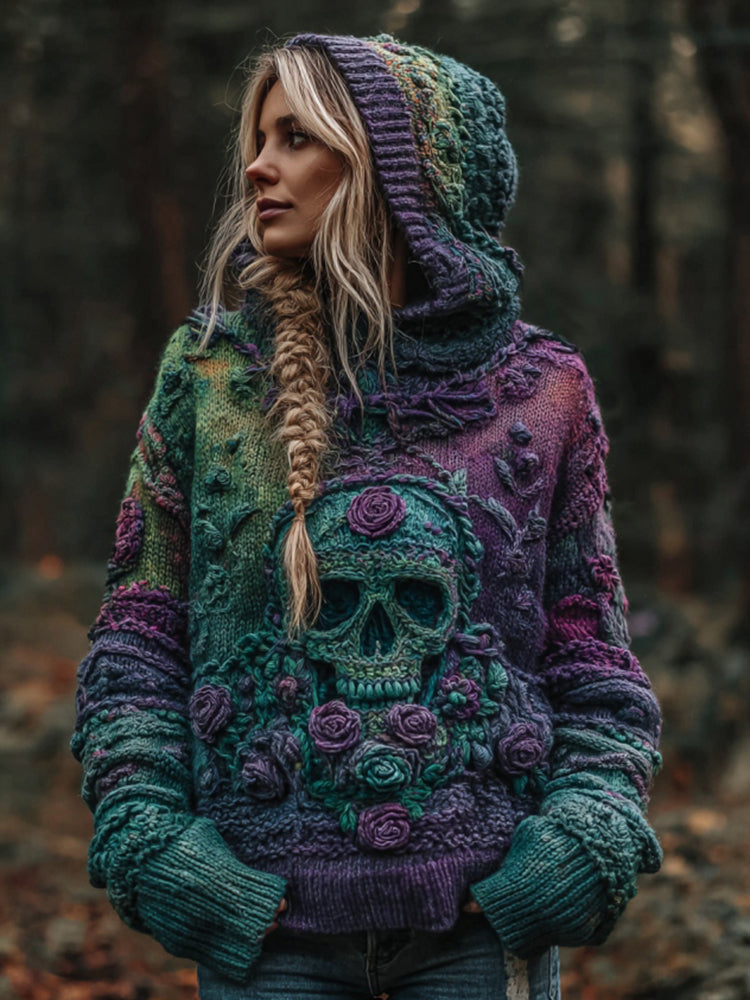 Women's Vintage Skull And Rose Gradient Art Knit Hooded Sweater