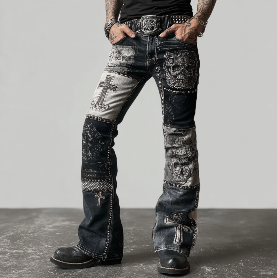 Rock Punk Skull Cross Element Retro Distressed Heavy Workwear Men's Denim Long Pants