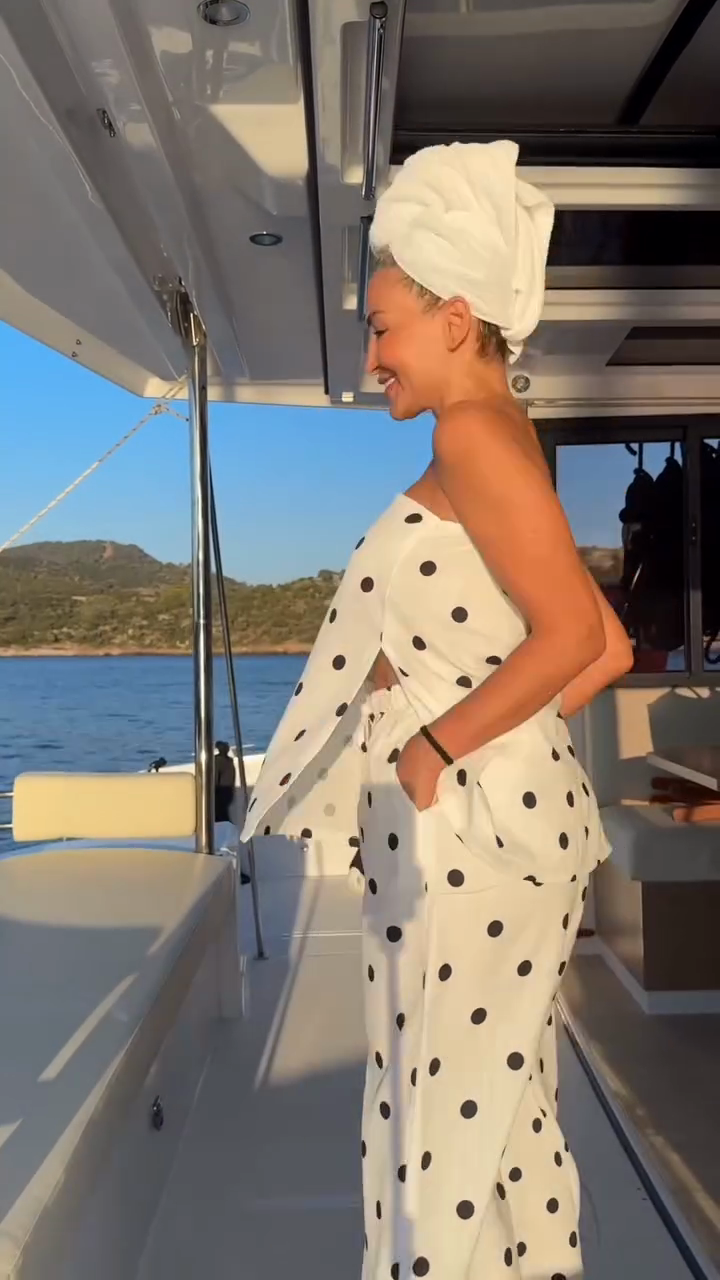 White Polka - dot Strapless Top and Pant Set