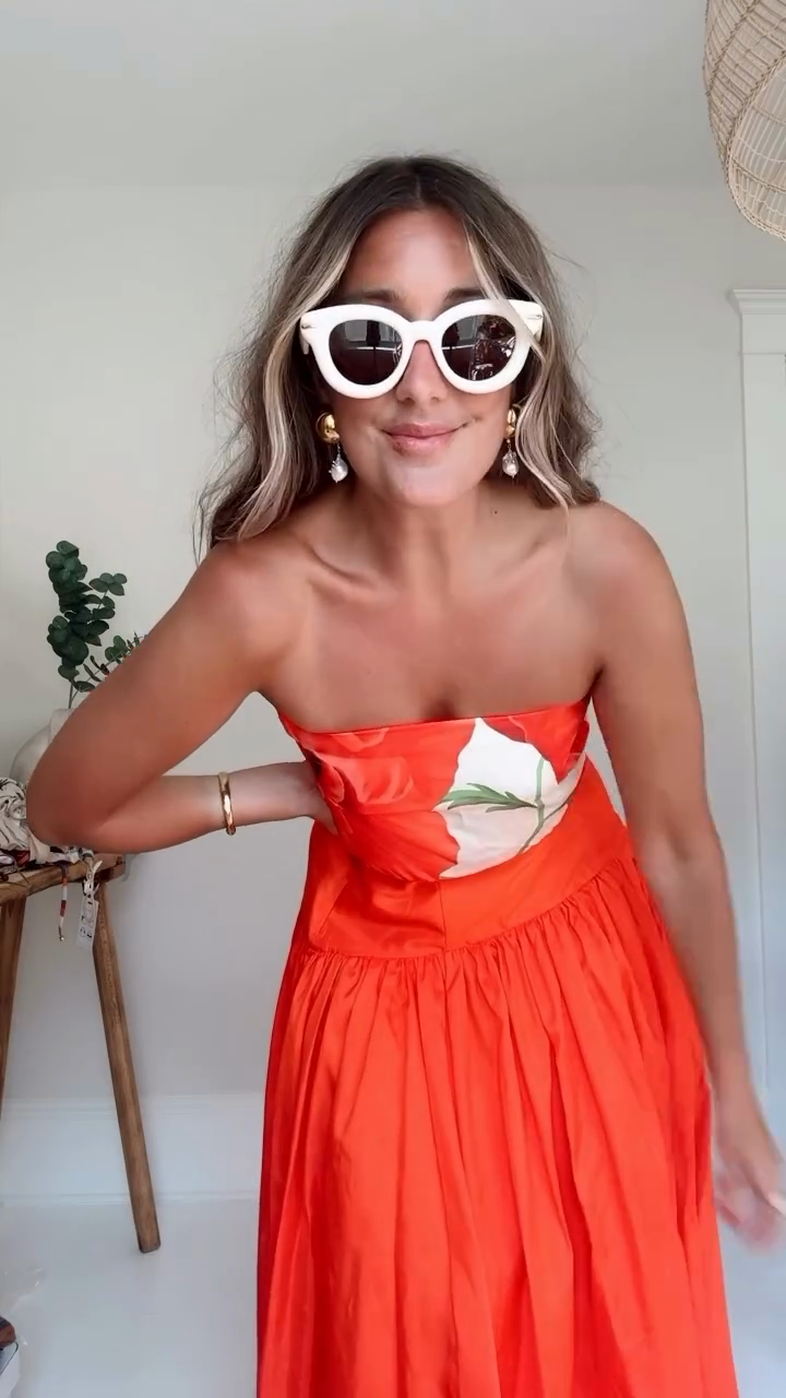 Red Floral Print Strapless Maxi Dress