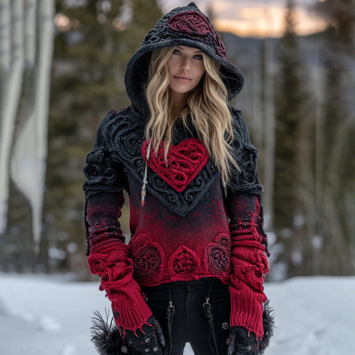 Women's Vintage Heart Gradient Art Knit Hooded Sweater