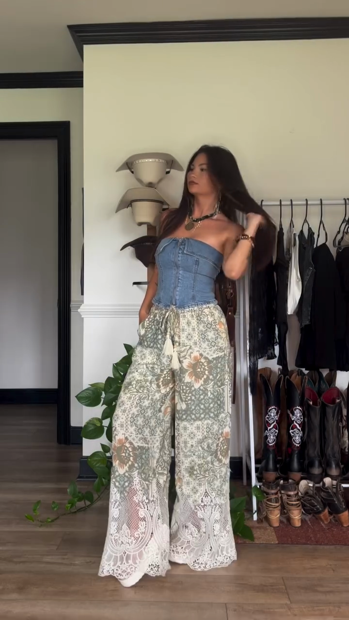 Denim Tube Top & Floral Lace Wide - Leg Pants Set