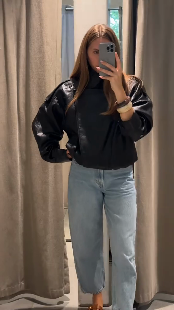Black Faux Leather Cropped Jacket with Puff Sleeves