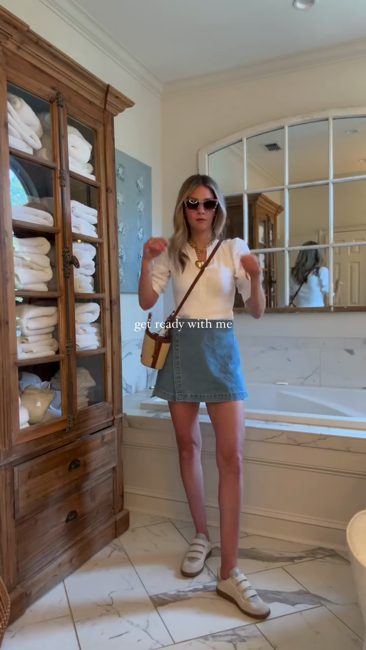 White Henley - style Top and Denim Mini Skirt Set