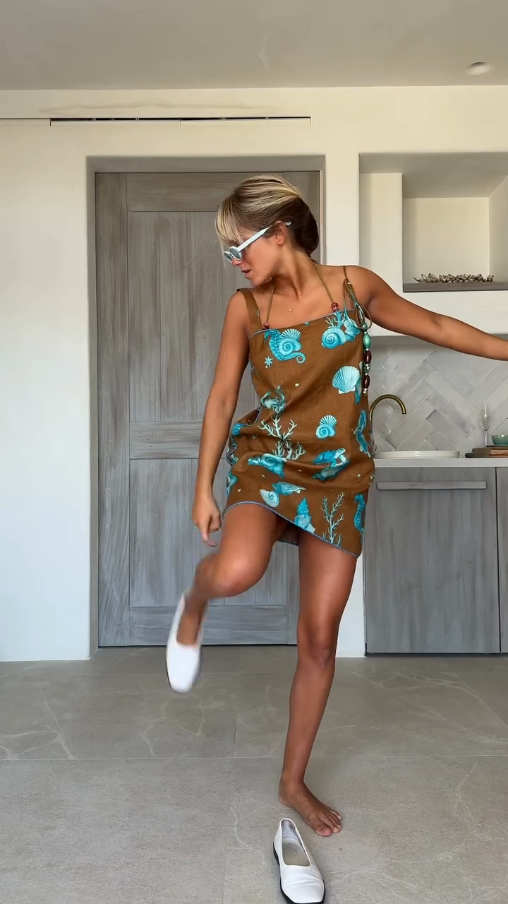 Seashell Print Square Neck Mini Dress