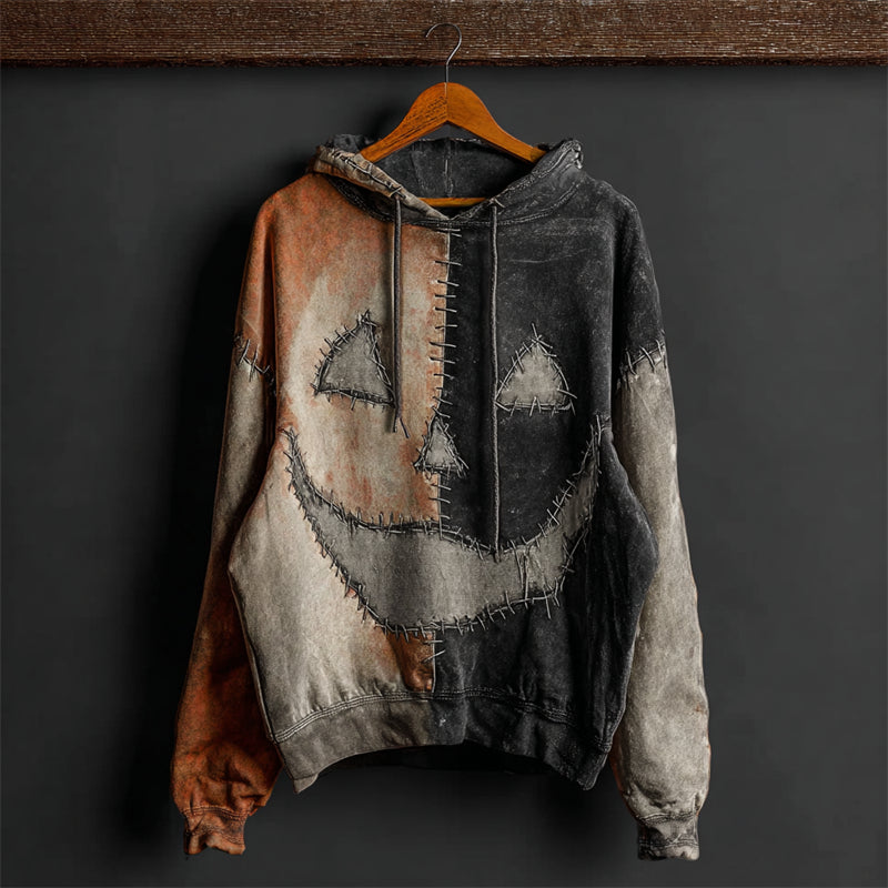 Halloween Pumpkin Face Contrast Patchwork Washed Hoodie
