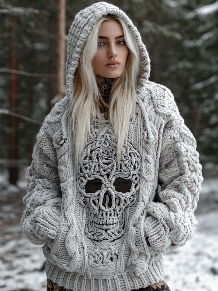Halloween Skeleton Element Viking Style Women's Hooded Pullover Knit Sweater