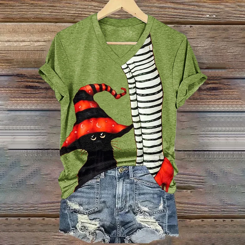 Classic Ruby Shoes Halloween Witch Legs With Cat Painting V-Neck T-Shirt