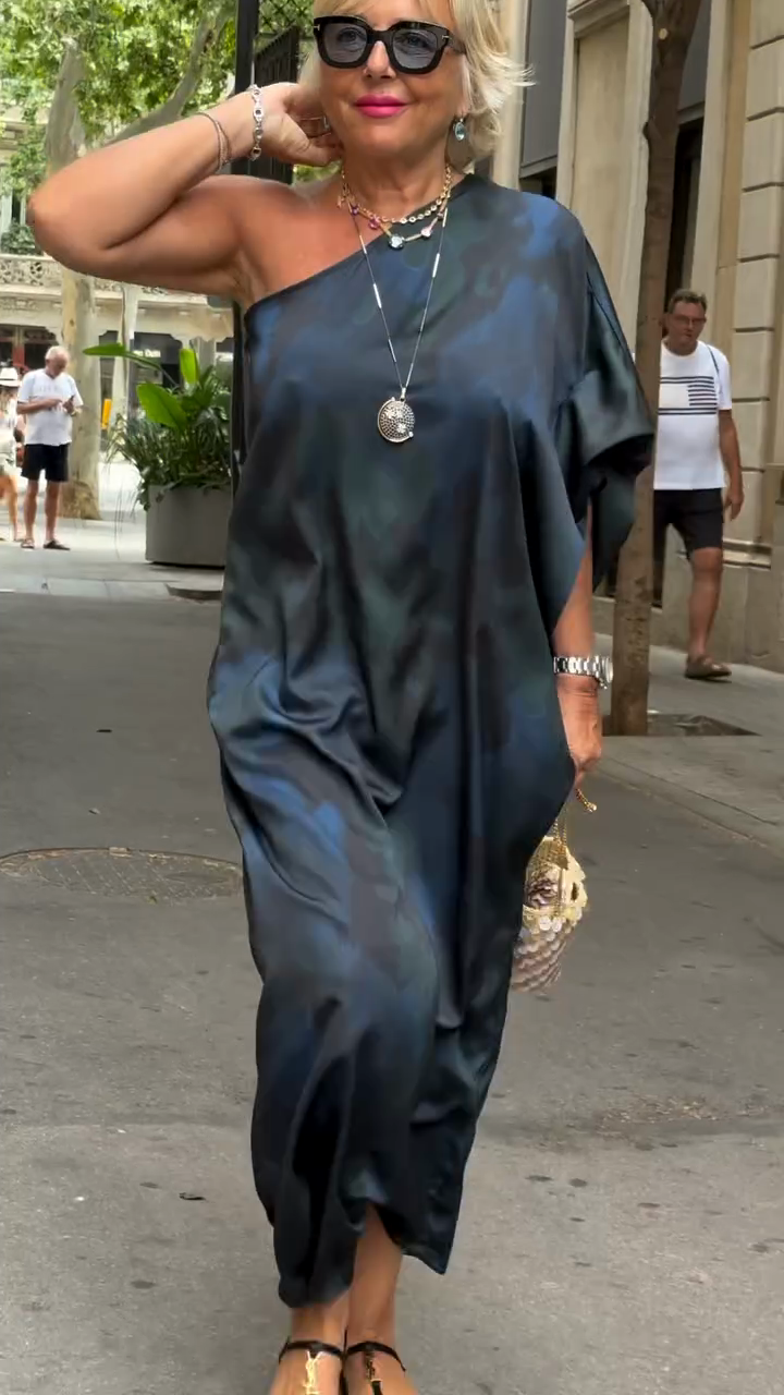 Blue Tie - Dye One - Shoulder Maxi Dress