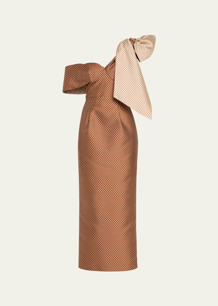 Brown Polka - Dot One - Shoulder Midi Dress with Bow Detail