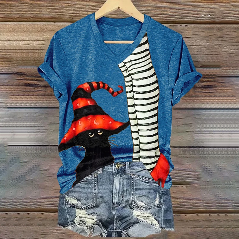 Classic Ruby Shoes Halloween Witch Legs With Cat Painting V-Neck T-Shirt
