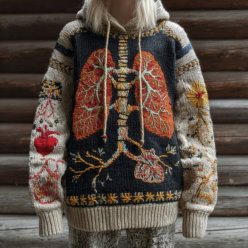 Vintage Halloween Anatomy With Floral Patchwork Art Chunky Knitted Hooded Sweater