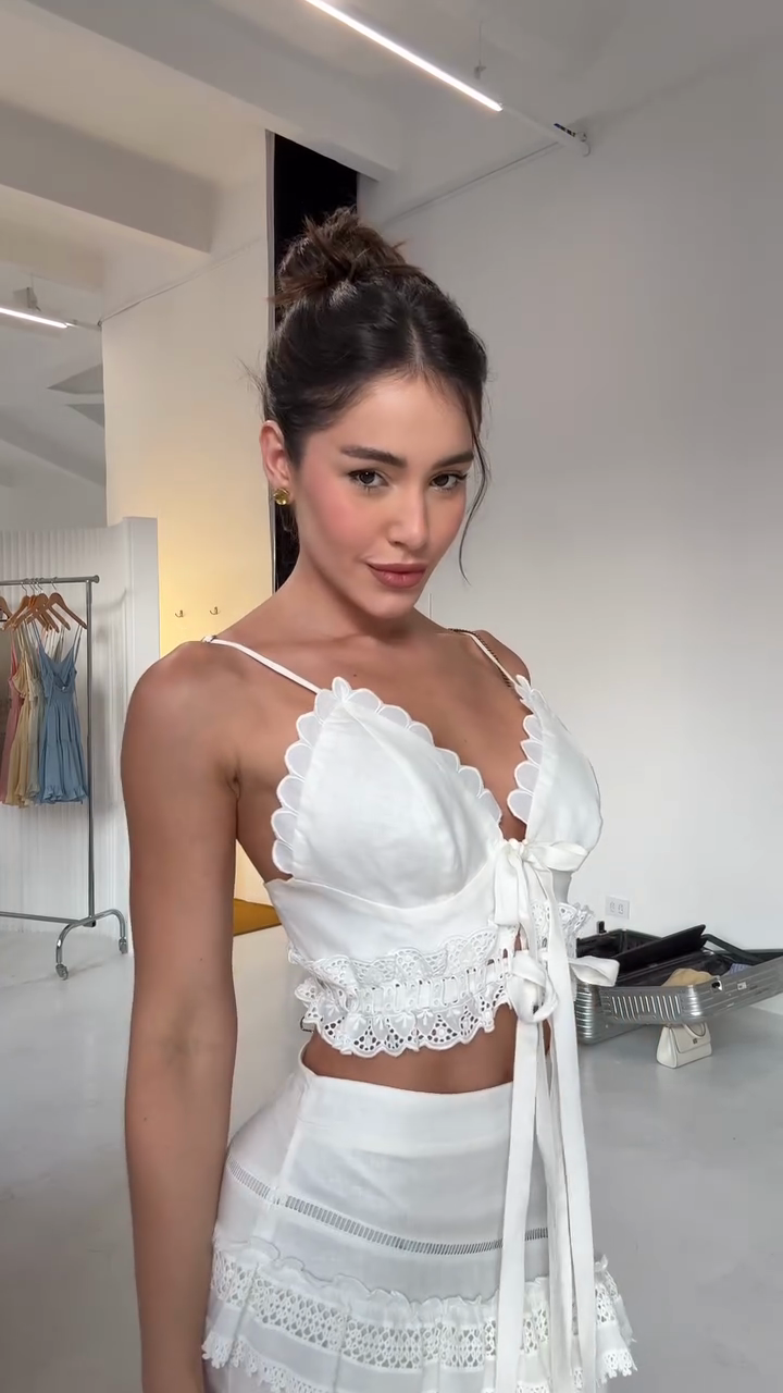 White Lace - Trimmed Crop Top and Tiered Skirt Set