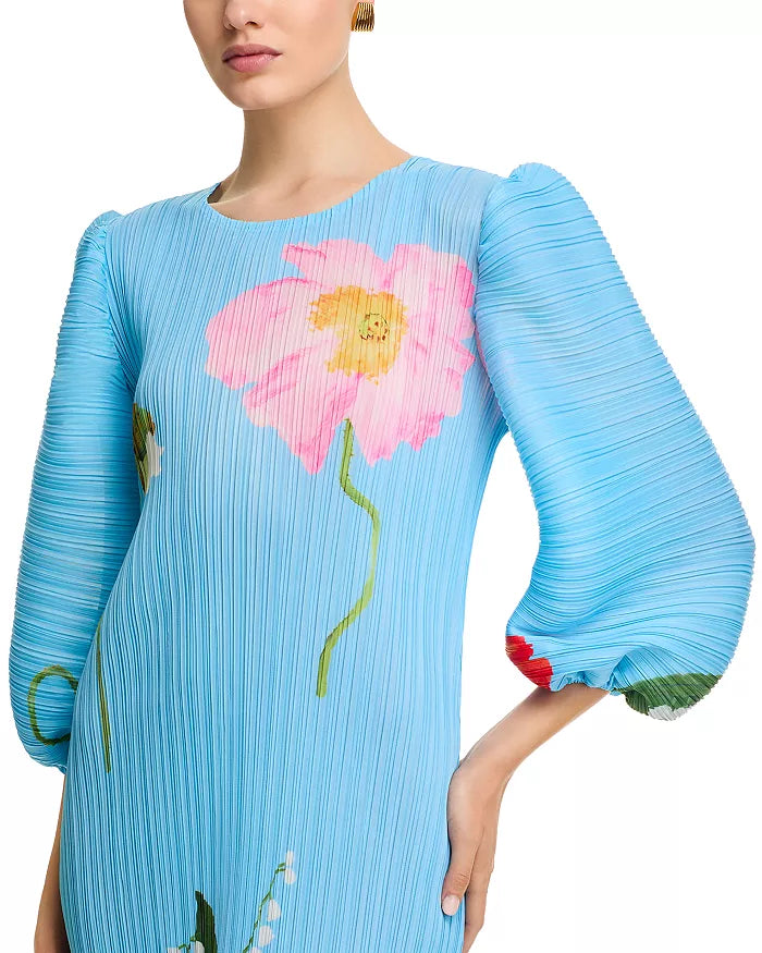 Pleated Floral Print Puff Sleeve Midi Dress