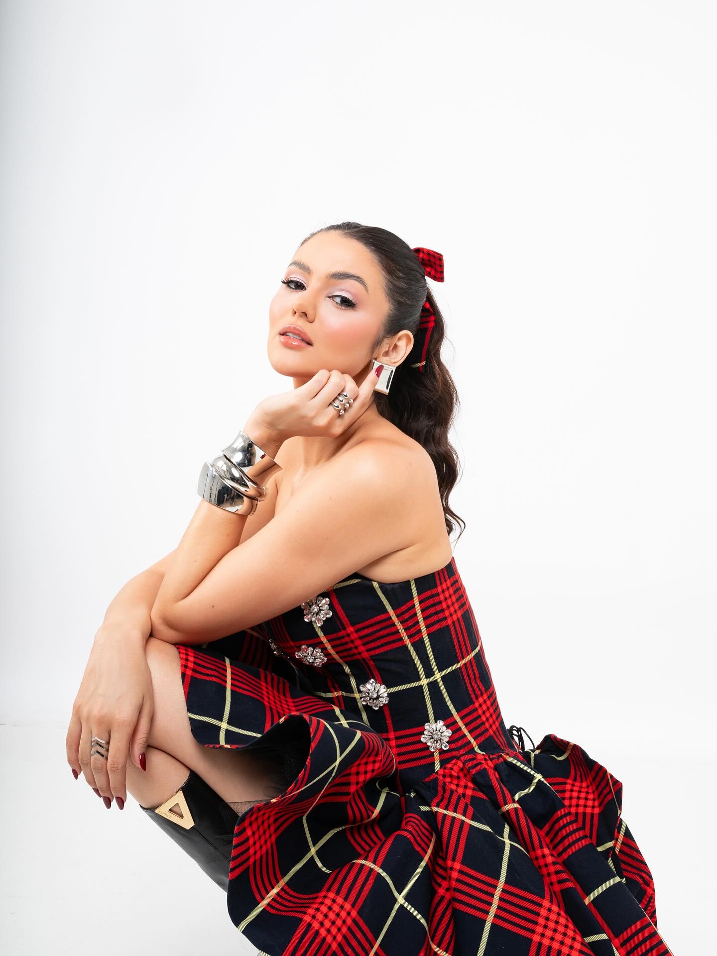 Red and Black Plaid Strapless Mini Dress