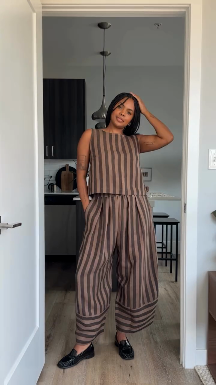 Brown and Black Striped Sleeveless Top and Wide - leg Pants Set