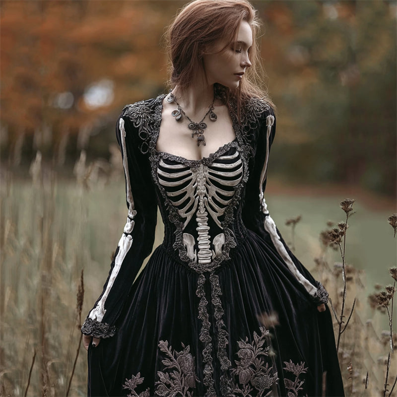 Vintage Classy Skeleton Floral Beaded Trim Velvet Maxi Dress