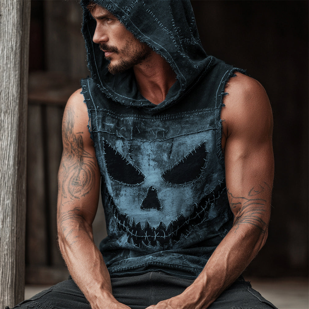 Halloween Evil Pumpkin Emoji Vintage Men's Hooded Tank