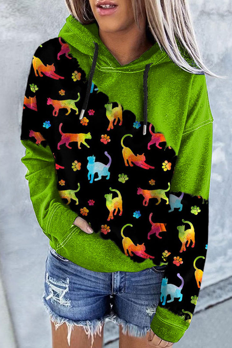 Halloween Cat Print Colorblock Hoodie
