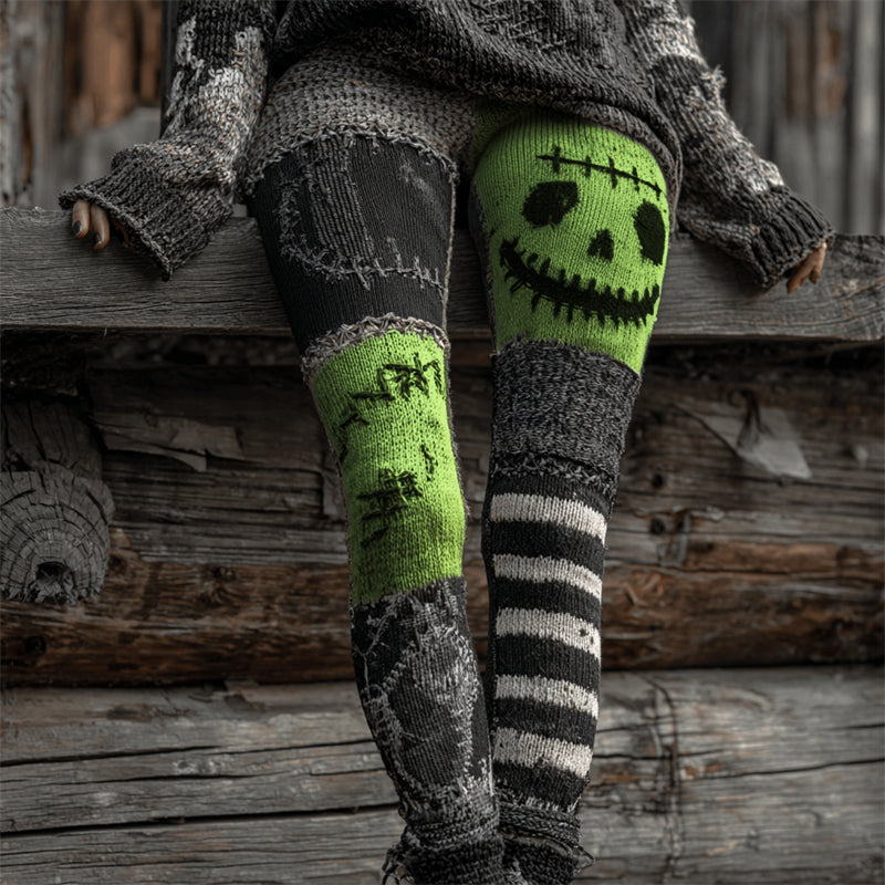 Halloween Stitched Face Contrast Patchwork Cozy Knit Leggings