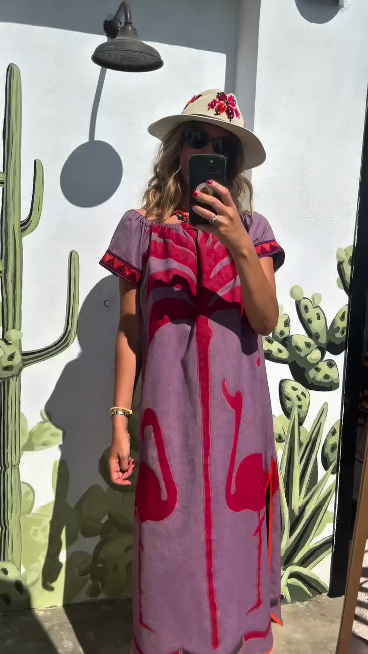 Purple Off - Shoulder Maxi Dress with Red Print