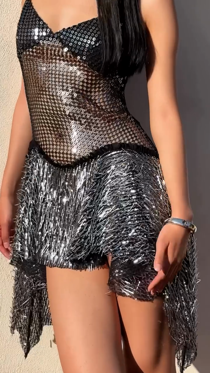 Silver Sequin Mesh Mini Dress