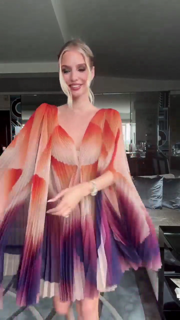 Ombre Pleated Mini Dress with Flutter Sleeves