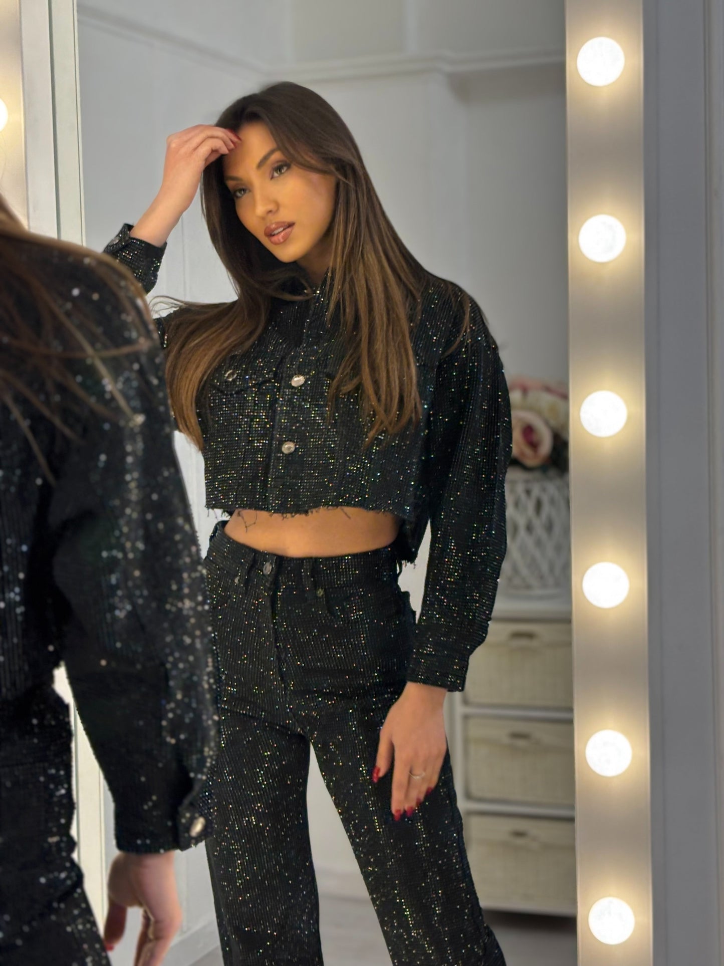 Silver Sequin Denim Crop Jacket & Pants Set