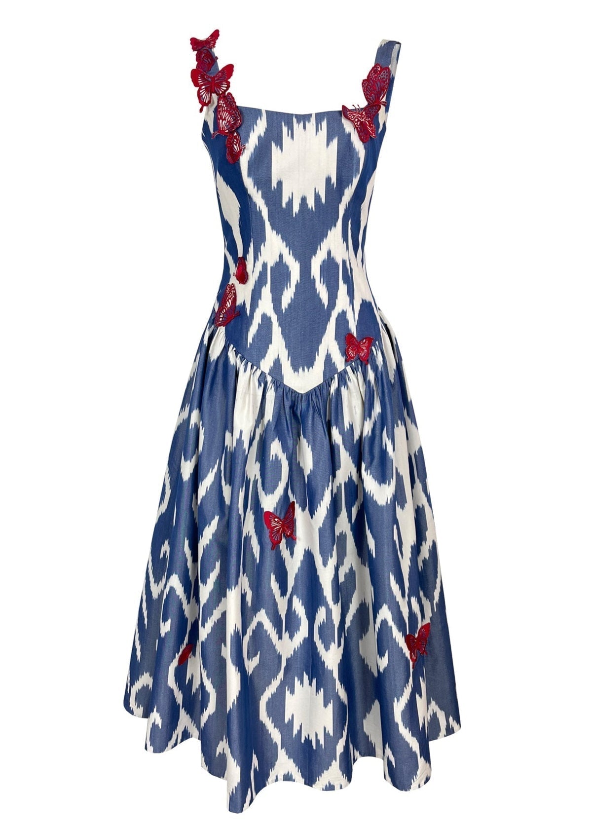 Blue and White Ikat Print Dress with Red Butterfly Embellishments