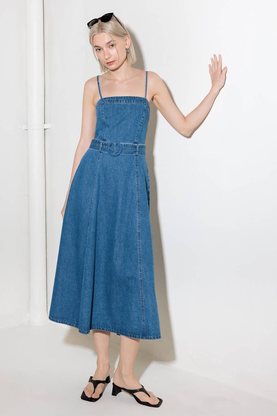 Blue Denim Belted Midi Dress