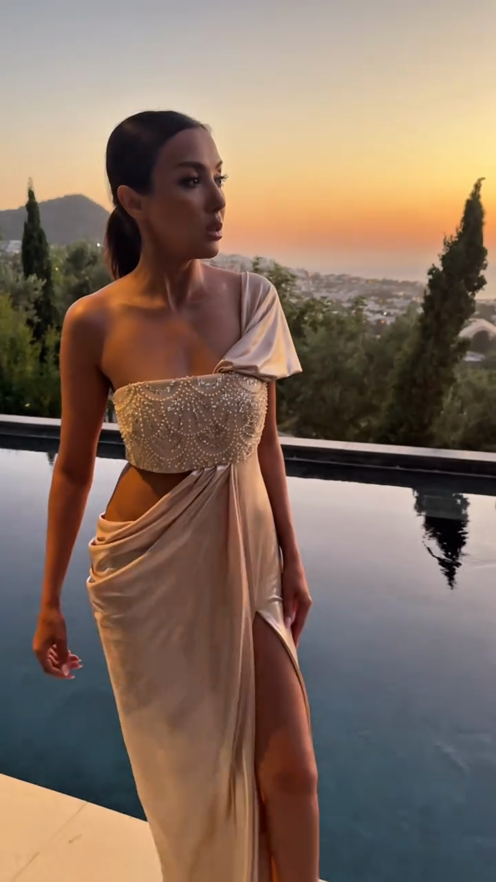 Beige One - Shoulder Embellished Gown